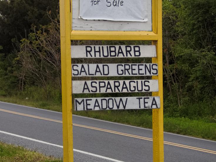 Sign by the road advertising that Amish-grown produce and face masks are for sale