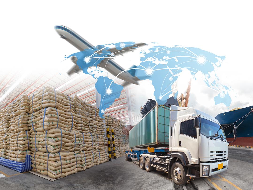 A collage image of stacks of dry goods, airplane, truck, ship, and world map.
