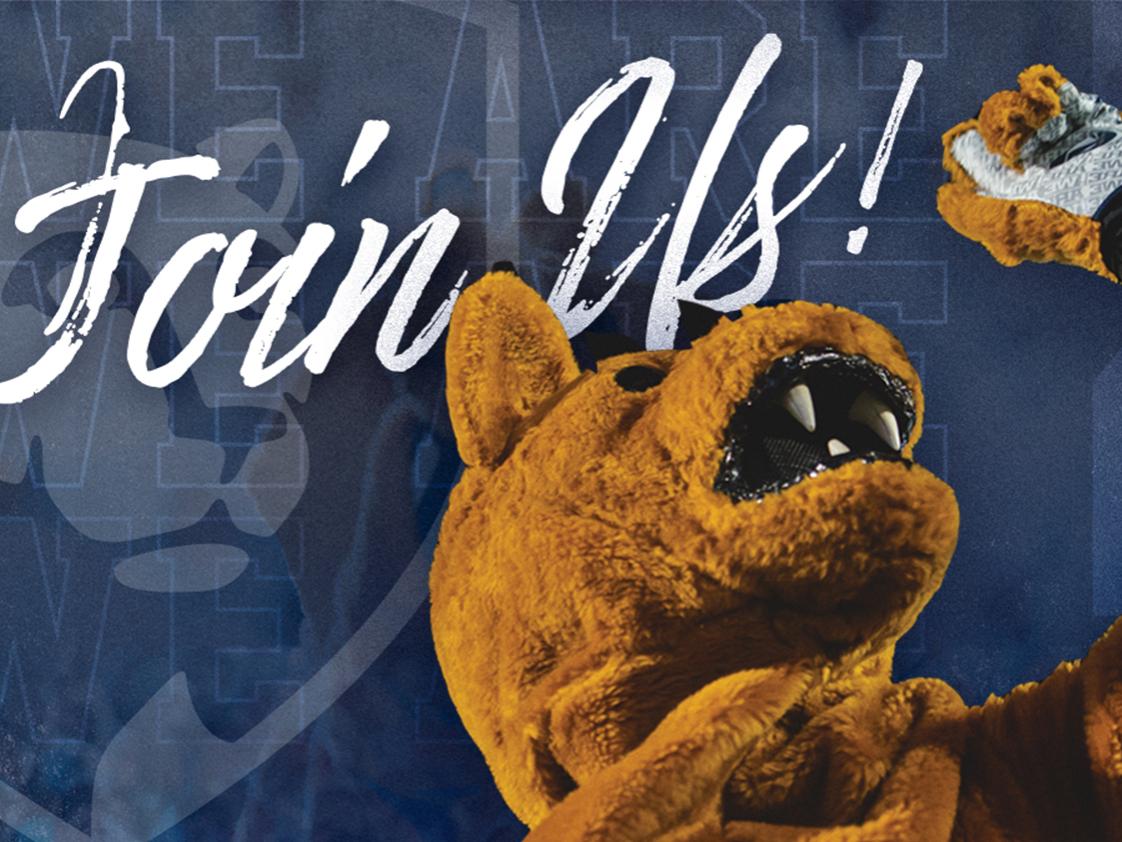 Nittany lion mascot raising its hand in celebration in front of a Penn State blue background with the words, "Join Us!"