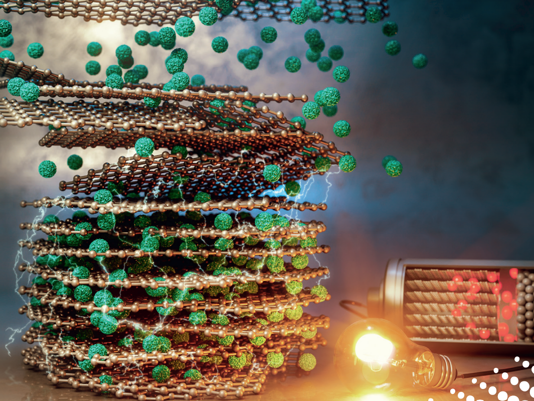 Stylized image showing how fast sintering controls graphene alignment to enable thicker electrodes