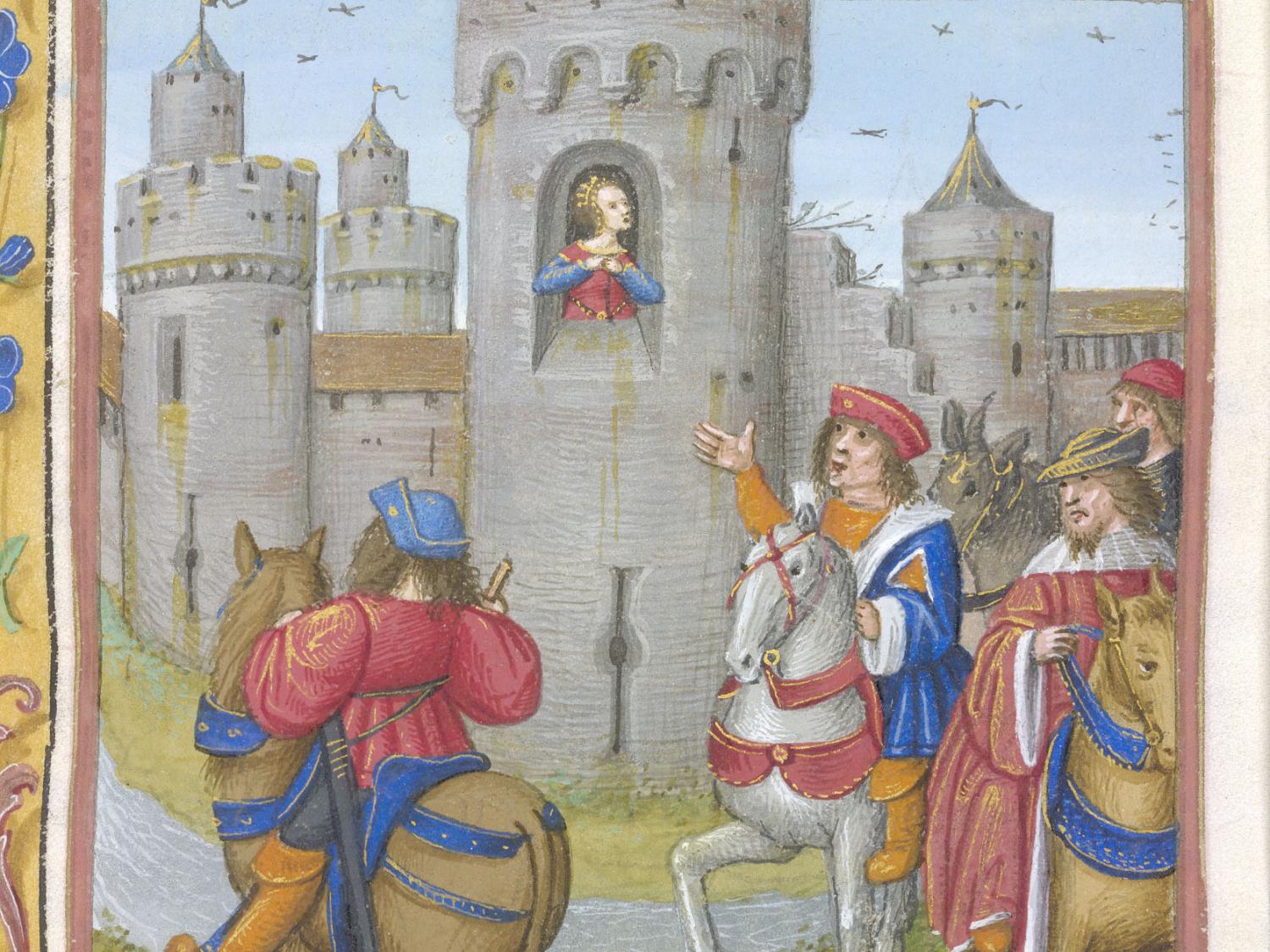An illustration featuring four knights on horseback reaching a castle, where a woman appears in a tower window, from Perceforest.