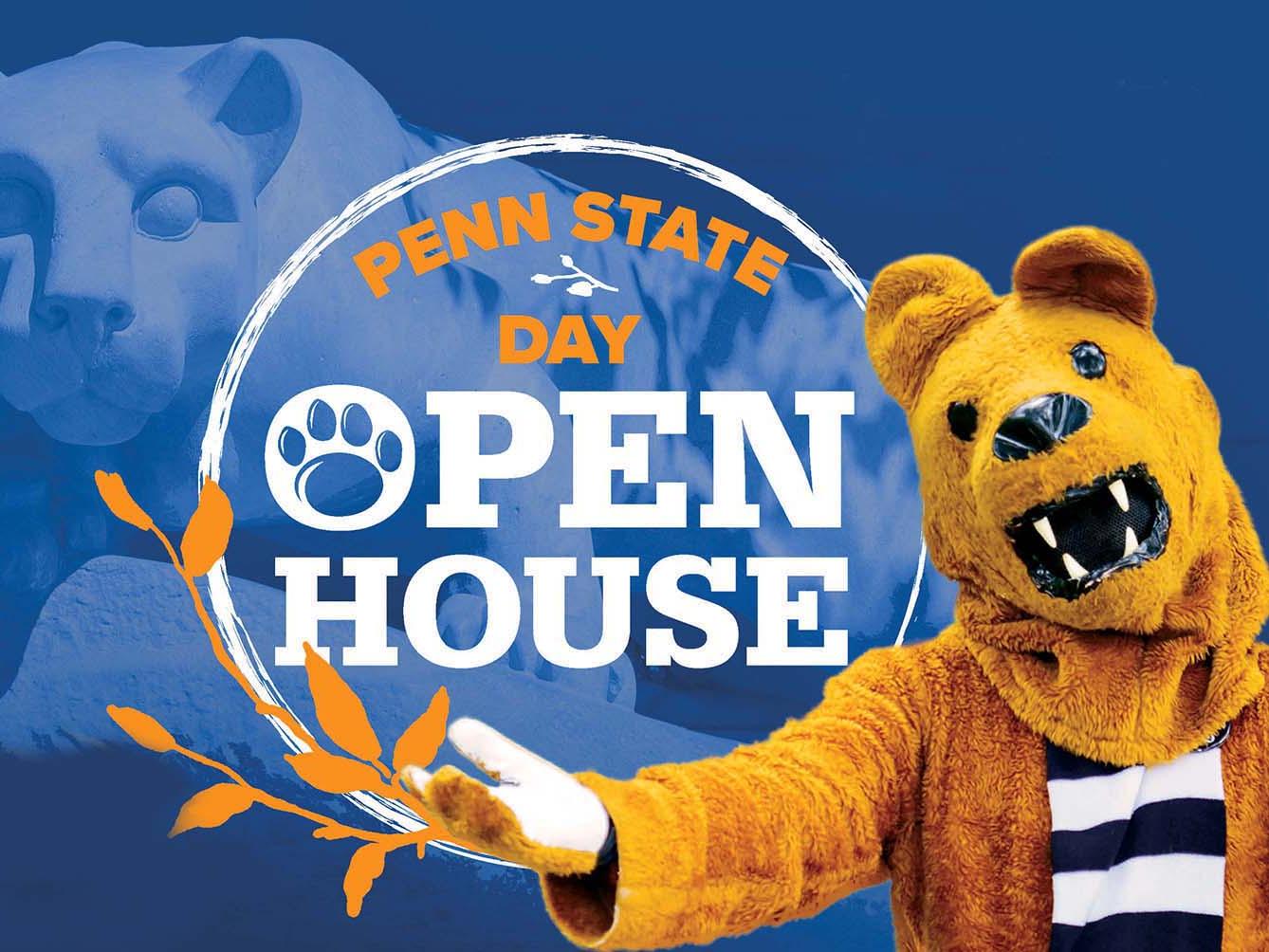Lion with outstretched arms against a background with orange leaves and text that reads "Penn State Day Open House"