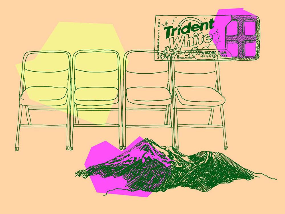 An illustration depicts a group of 4 folding chairs, a scene of a distant mountain range, and a pack of Trident chewing gum.