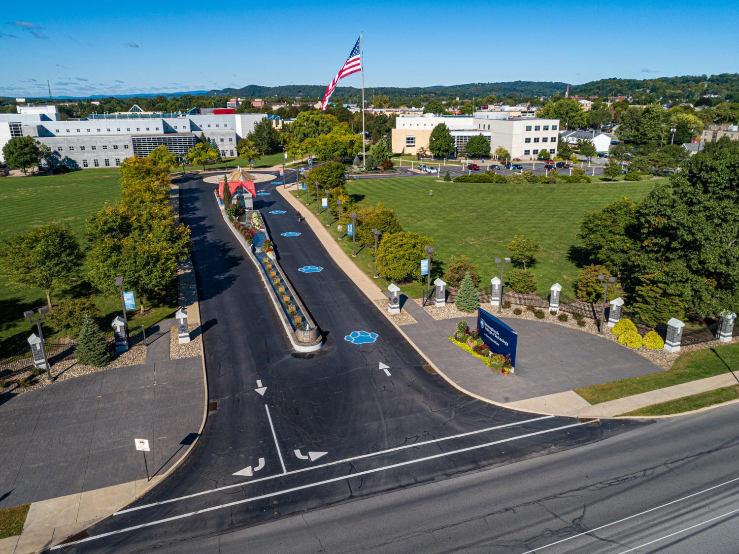 An aerial view of the Penn College campus entrance