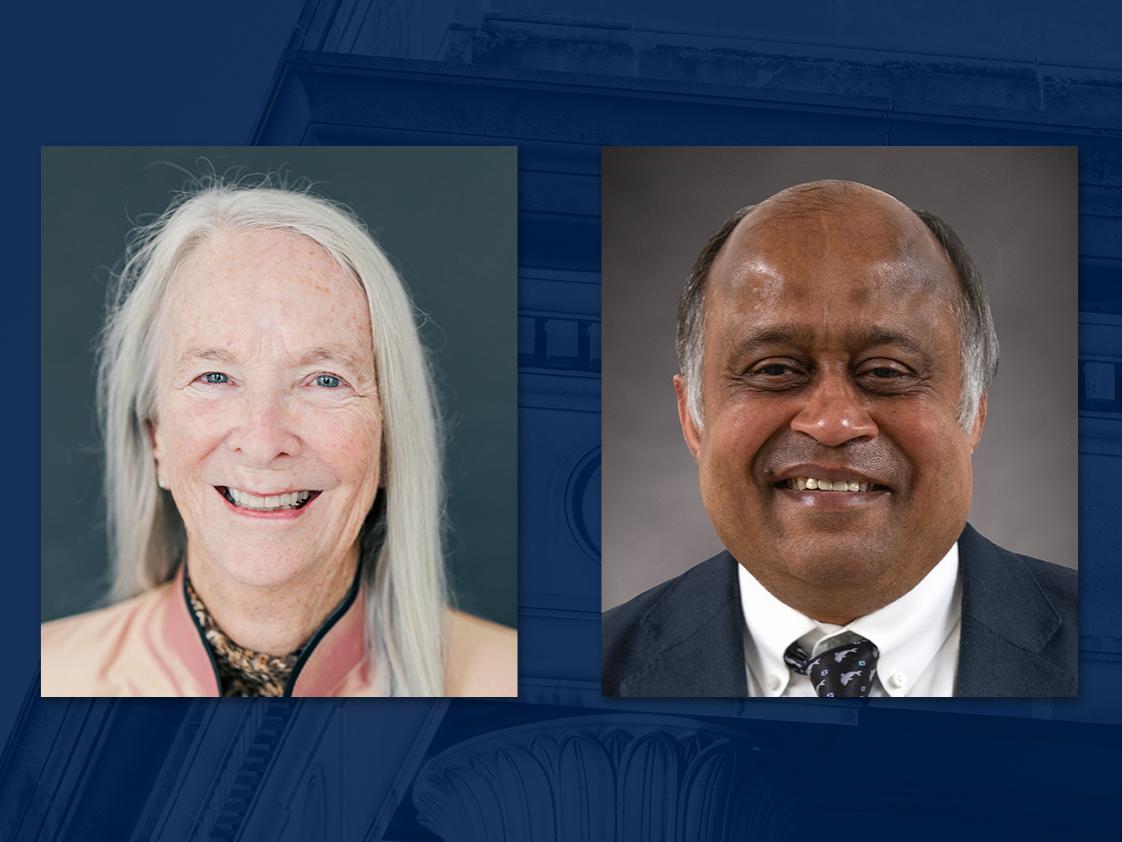 Headshot photos of Mary Jane Irwin and Madhavan Swaminathan placed on a dark blue background