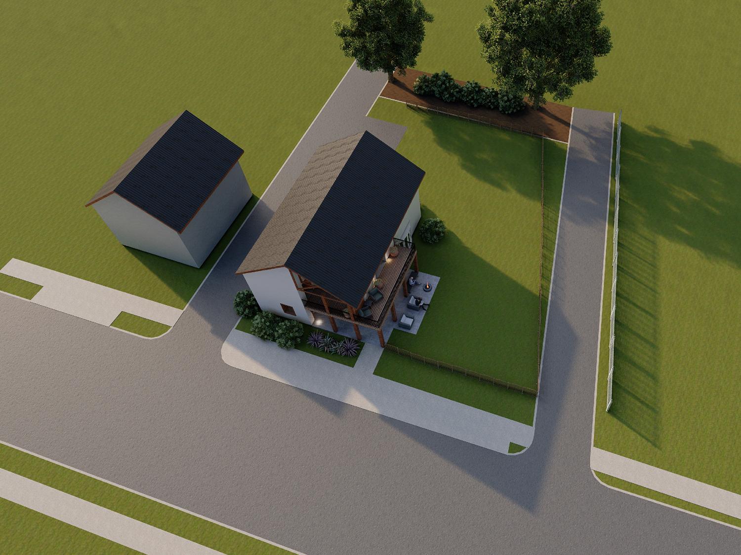 An aerial rendering of a home and property