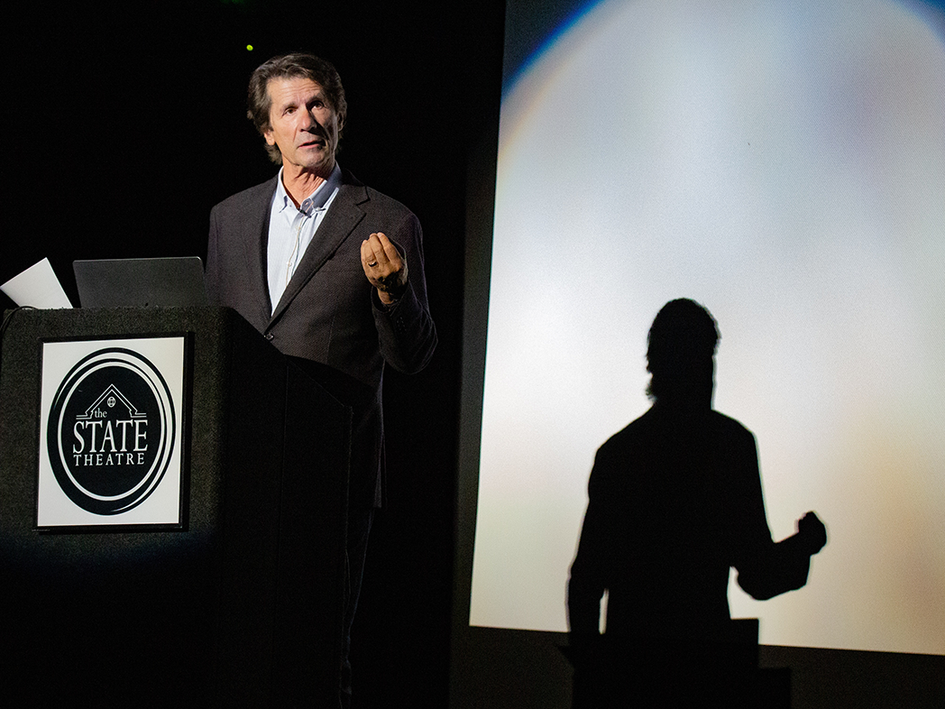 Emmy Award-winning documentarian, explorer, environmentalist, and founder and president of the Earth Vision Institute James Balog speaks at an event titled “A Time Capsule from the Anthropocene: A Conversation with James Balog,” held at the State Theatre.