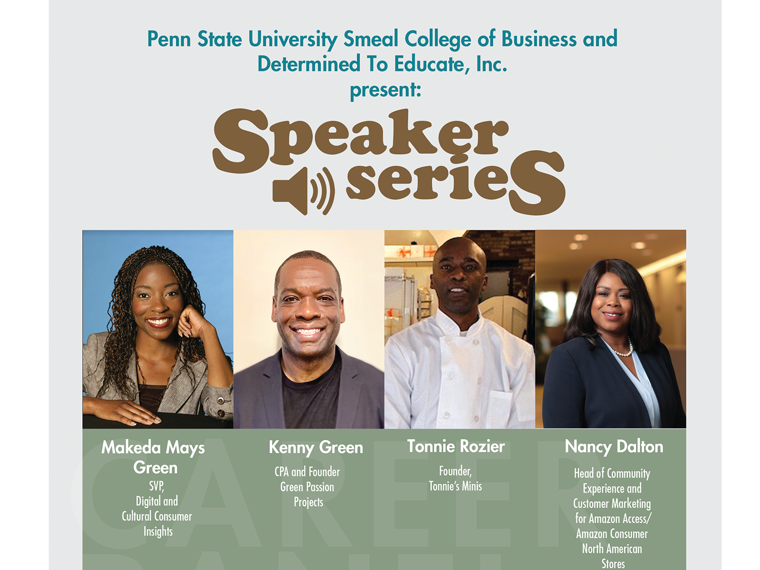 A graphic that includes photos of four people and text that says Speaker Series