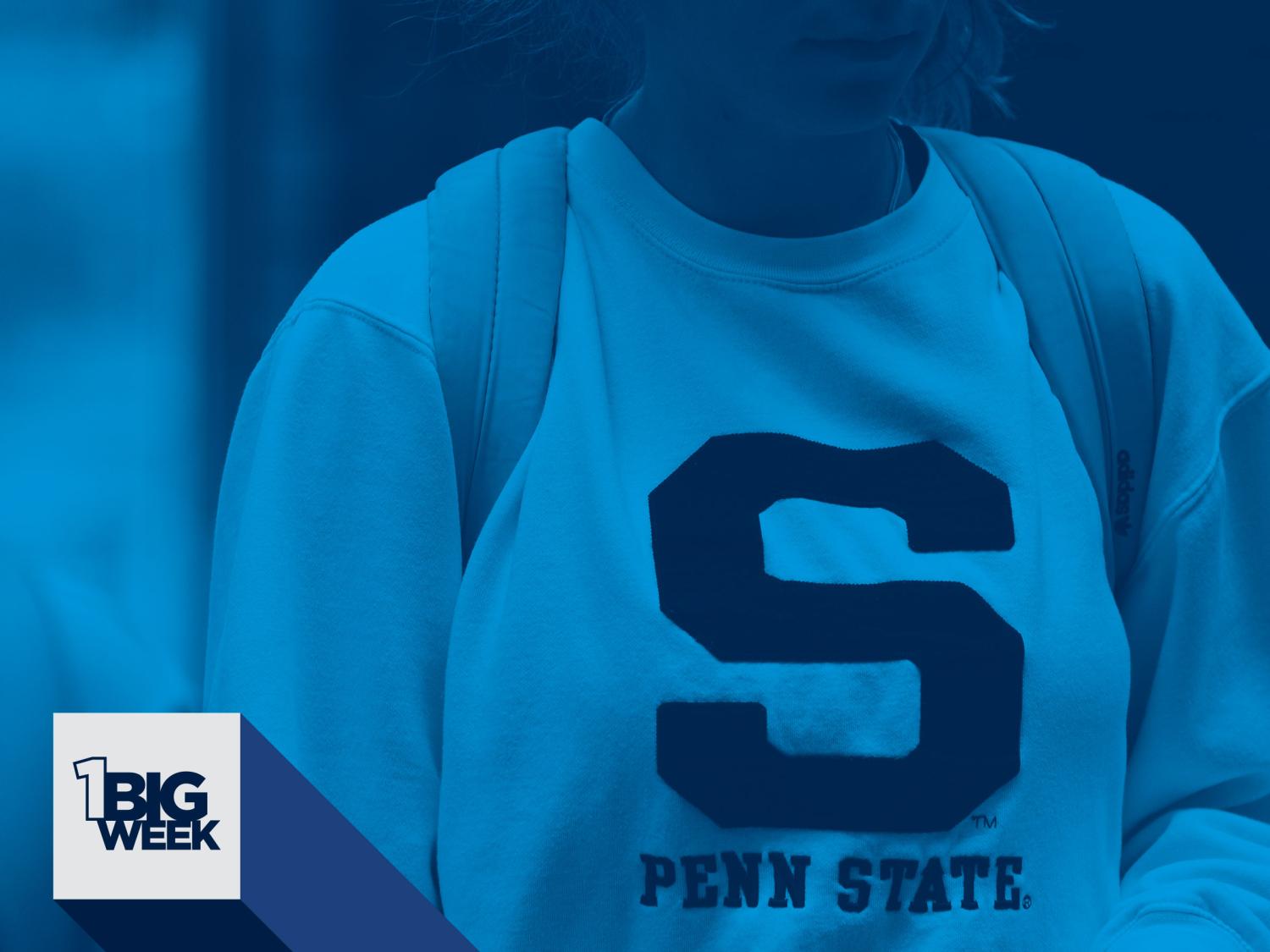 Student wearing a Penn State sweatshirt with the One Big Week branding overlayed