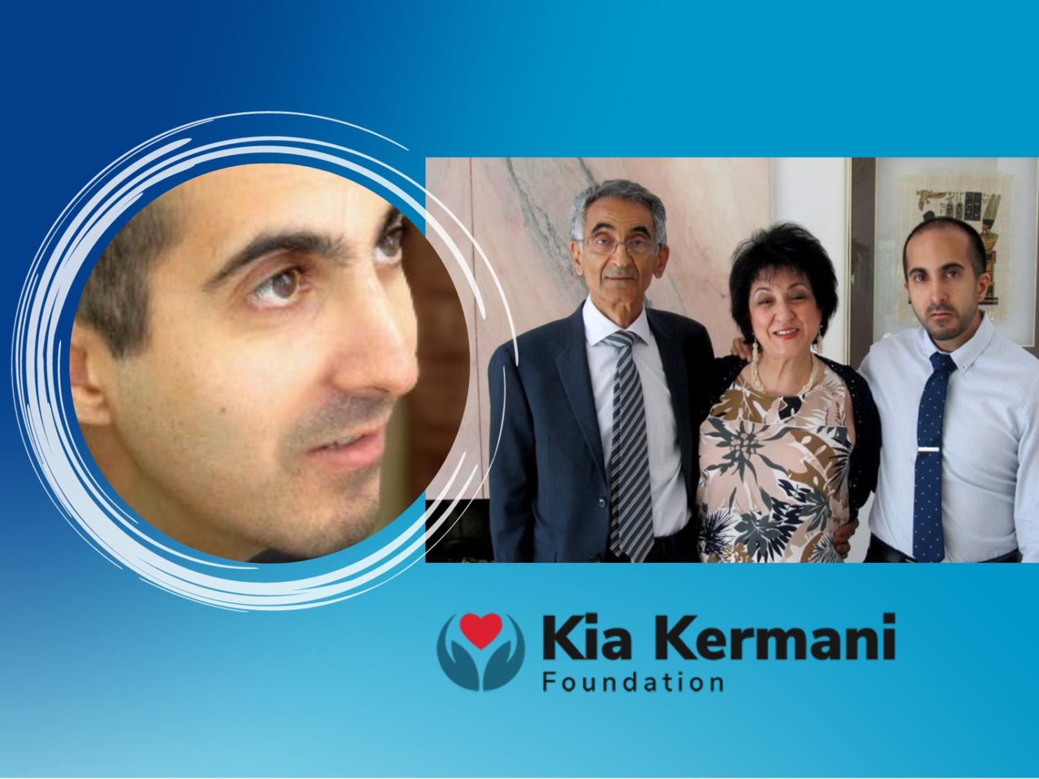 On the right, a family smiles for a photo. On the left, an inset of a young man, the son in the family on the right.