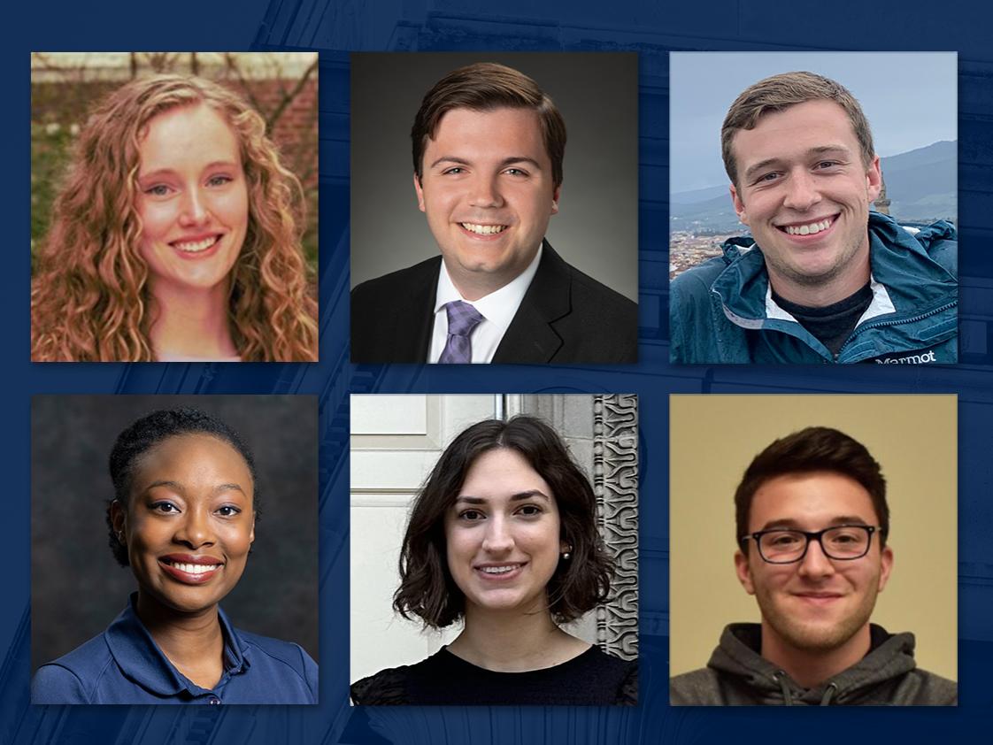 A collage of six student photos against a blue background. 