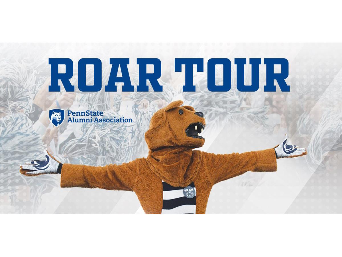 Graphic of the Nittany Lion mascot with outstretched arms, the text "Roar Tour" across the top in blue, and the Penn State Alumni Association mark.