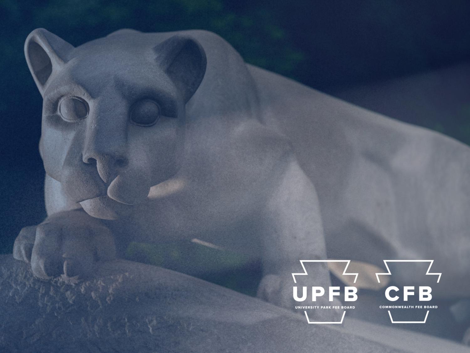 Penn State Nittany Lion shrine with a blue overlay and the University Park and Commonwealth Fee Board logos