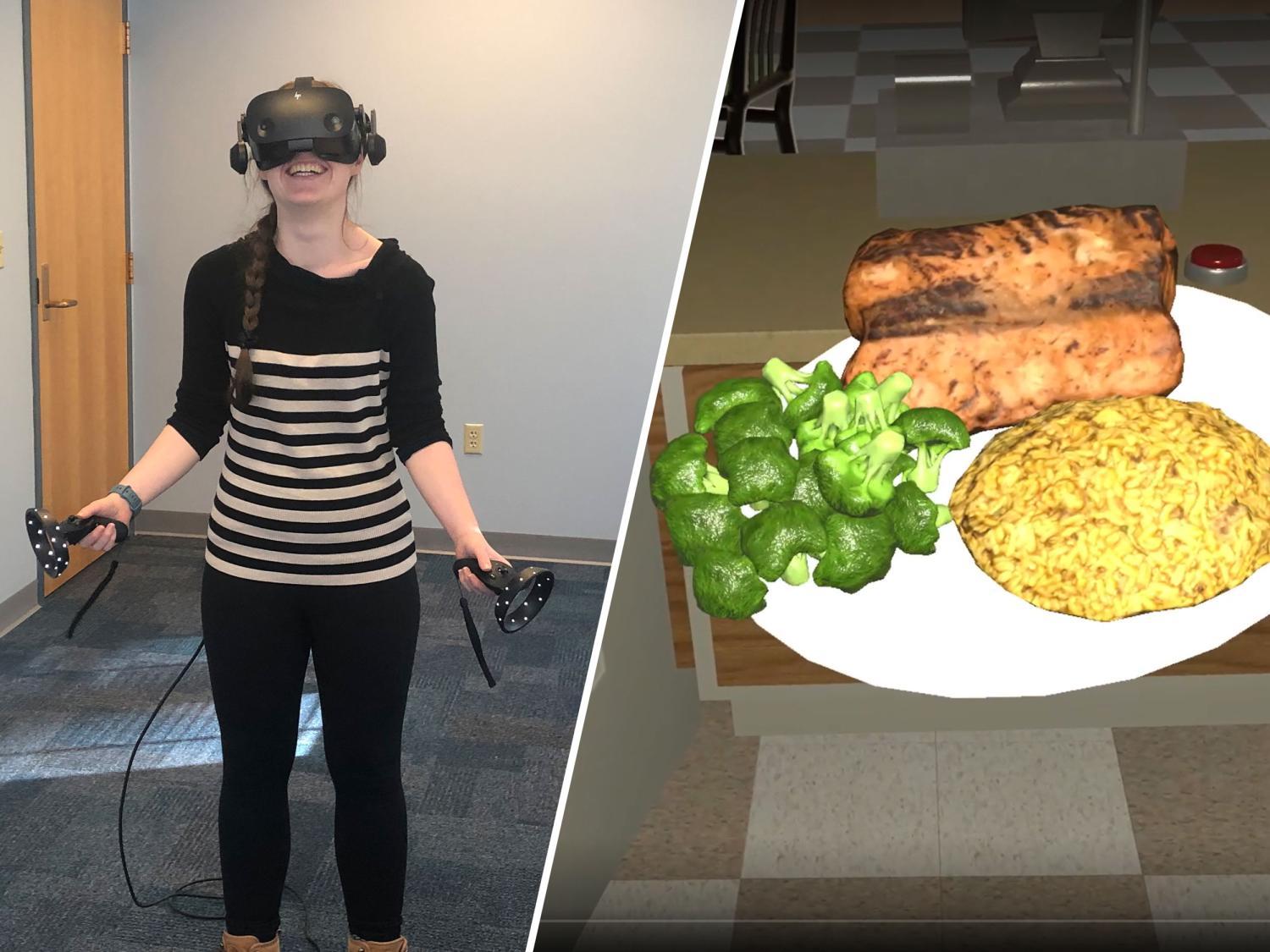 On the left, a woman wears a virtual reality headset. On the right, there is a virtual plate of food with broccoli, rice and salmon on it.