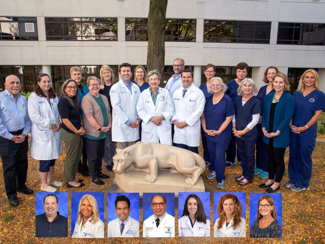 Group of people in business apparel, physician coats or scrubs stands in front of a building and a tree. A Penn State Nittany Lion statue is on the ground in front of the group. Portraits of seven of the individuals in the photo are overlaid across the bottom.