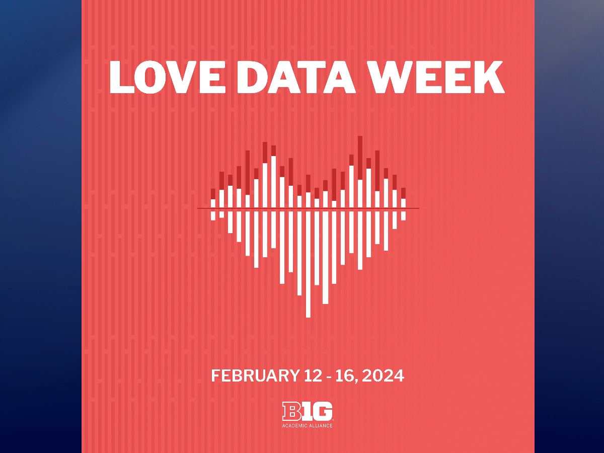 graphic with line graph depicting a heart with words Love Data Week and dates Feb 12-16 2024 and B1G logo