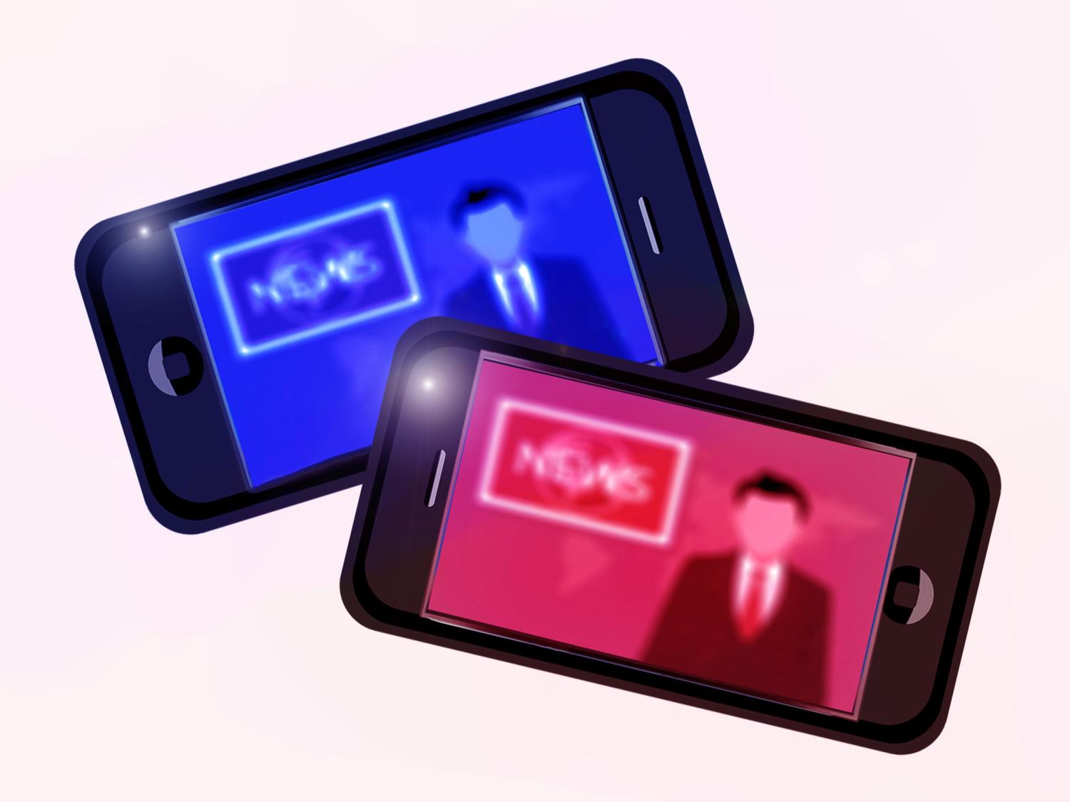 Illustration of two overlapping cellphones showing news anchors, one with a blue screen and one with a red screen