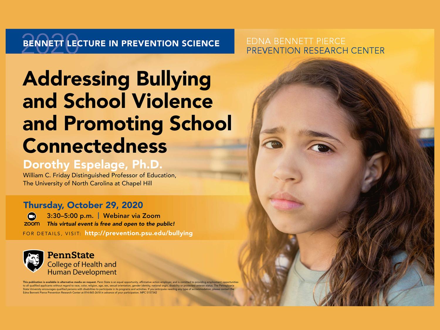 Poster advertisting the 2020 Bennett Lecture on Addressing School Violence and Promoting School Connectedness