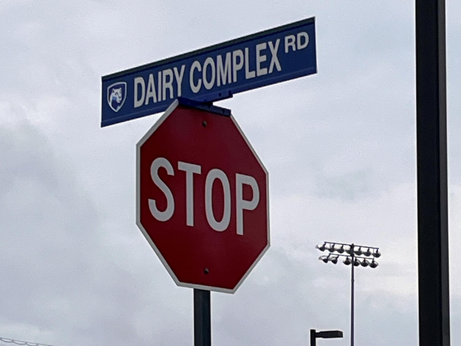 Stop sign at Dairy Complex Road