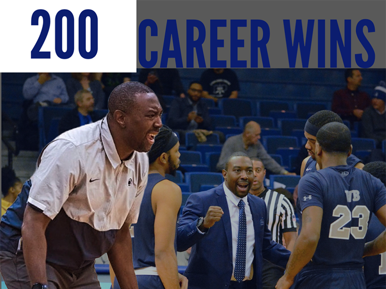 A man at a basketball game with the text "200 career wins" at the top and "LeShawn Hammett" at the bottom.