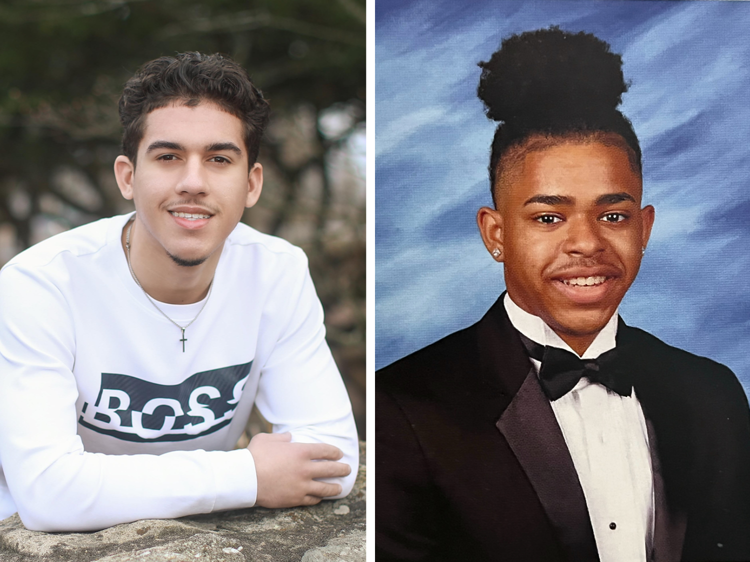 Two photos of students; one in a suit with a black bow tie and another leaning over a rock with arms folded in front of him in a white long sleeved shirt.