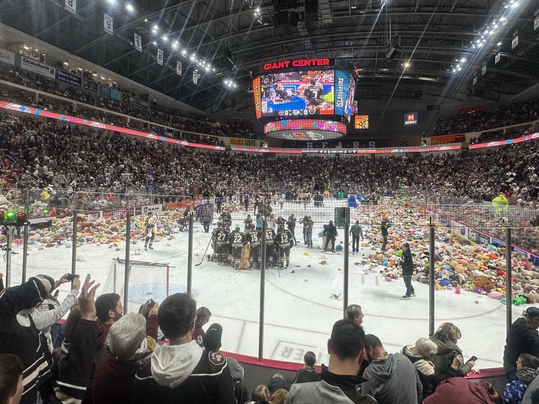 At a hockey game in an indoor arena, hockey players skate around on the ice amid thousands of stuffed animals that fans had tossed onto the ice.