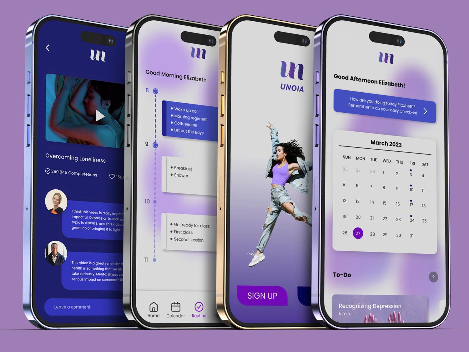 Four smart phones against a light purple background