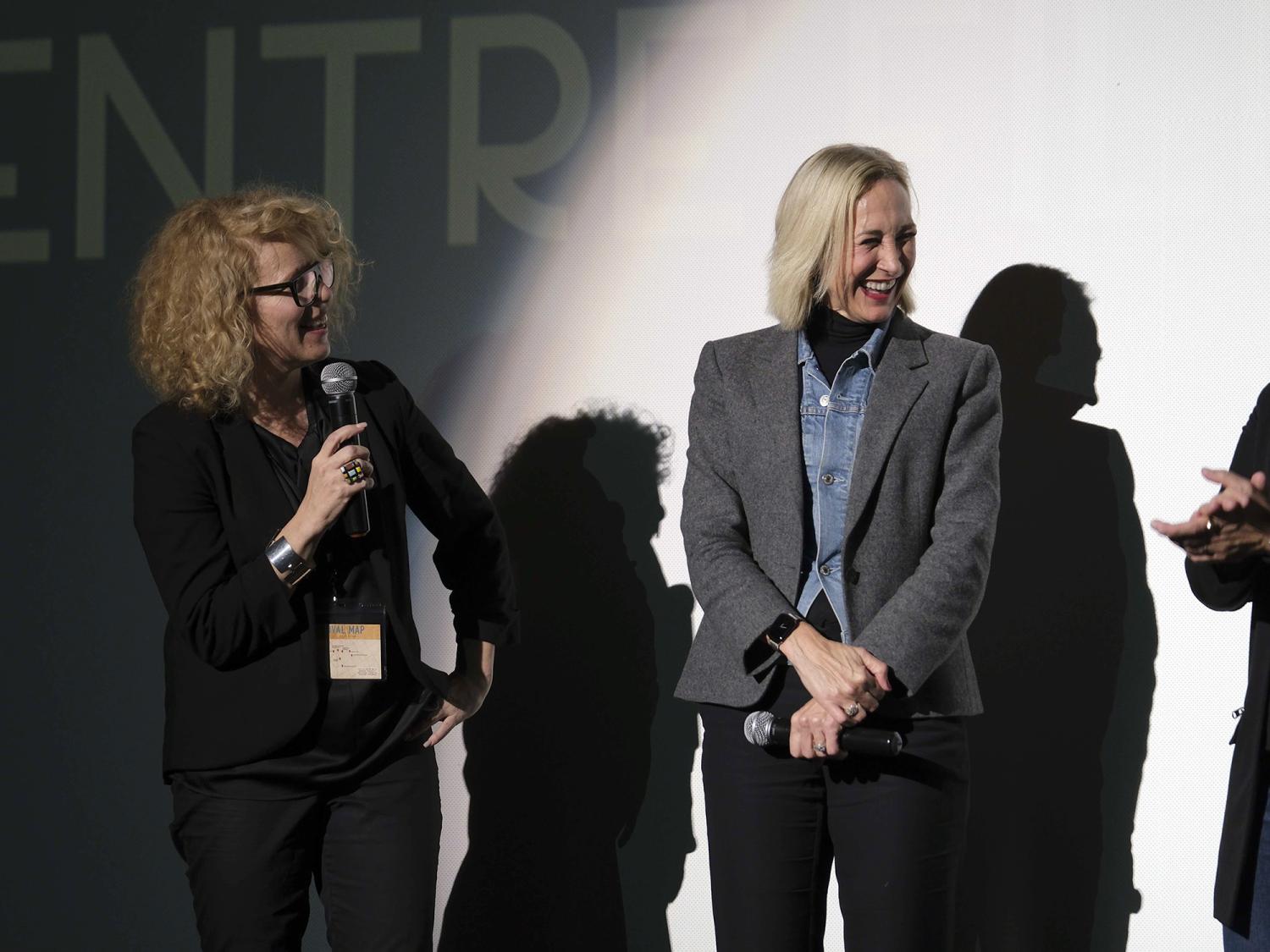 Pearl Gluck, left, and Marie Hardin participate on stage during a Q&A with filmmakers during the Centre Film Festival.