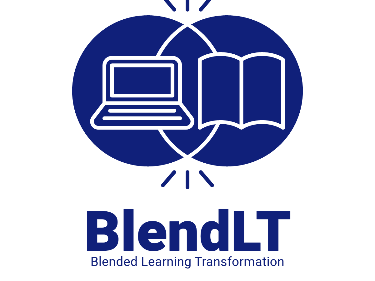 The image features a logo with the text "BlendLT" prominently displayed, which stands for Blended Learning Transformation. The design symbolizes the integration of technology and traditional learning methods, with a laptop and an open book illustrated side by side within a circle. Rays emanate from the point where the book and laptop meet, suggesting the enlightening fusion of these elements in educational transformation. 