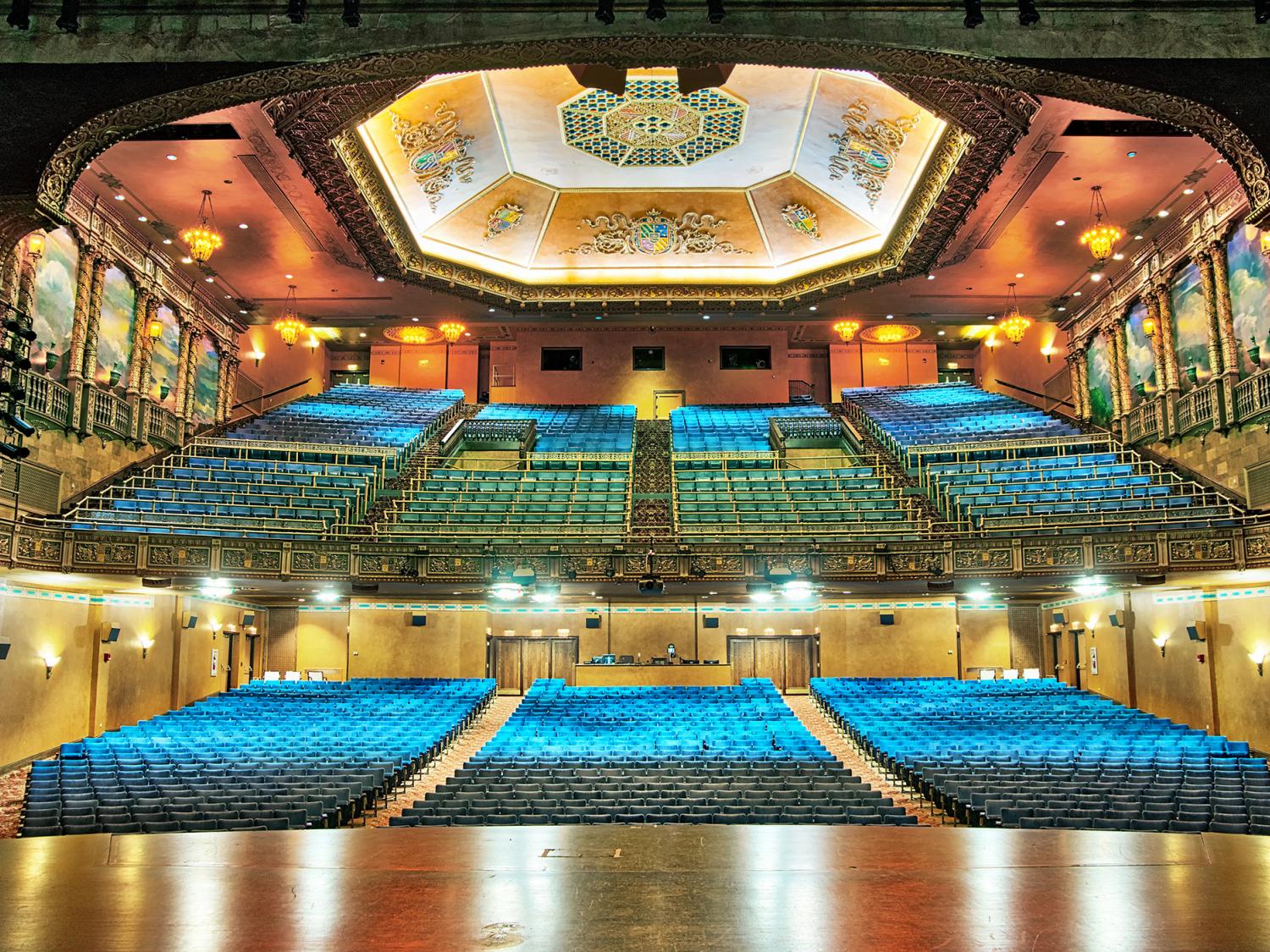 A picture of the interior of the community arts center showing the colorful ceiling