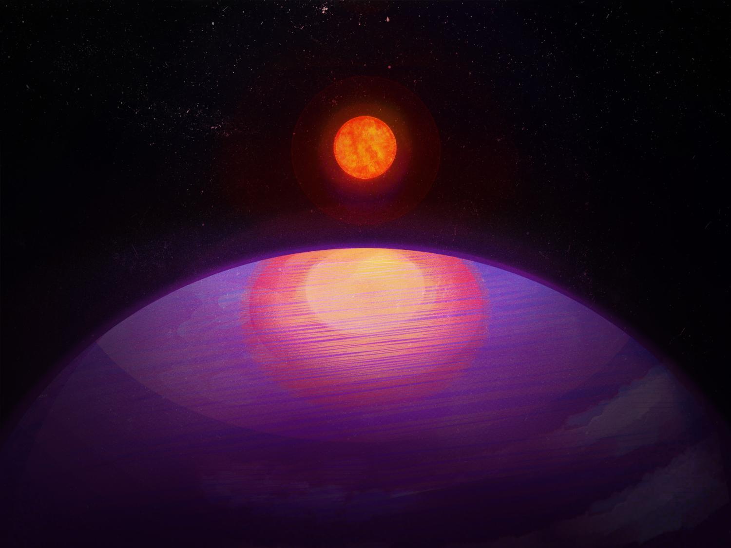 A purple planet with a bright orange star in the background