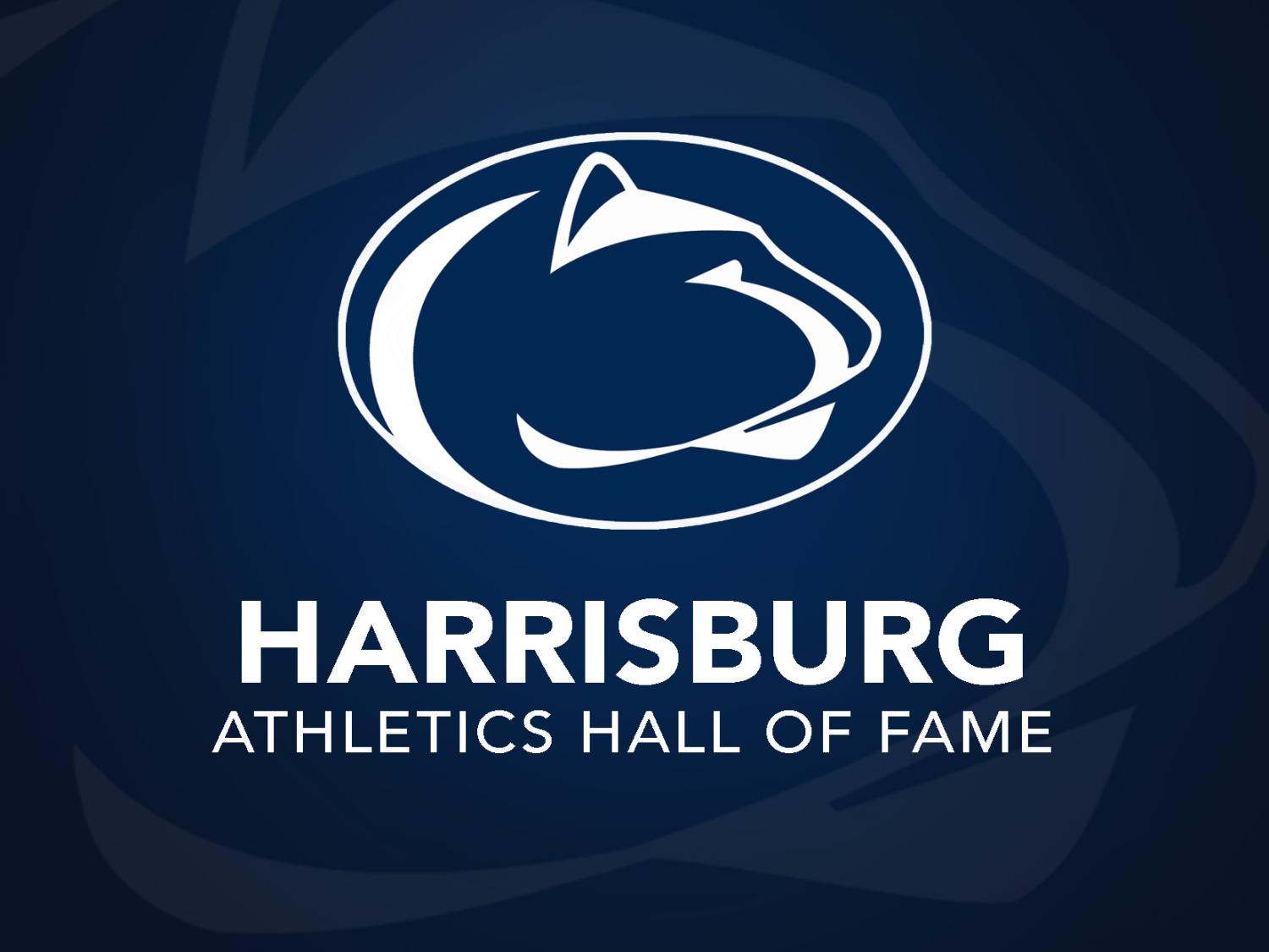 Penn State Athletics logo on blue background with words "Harrisburg Athletics Hall of Fame"
