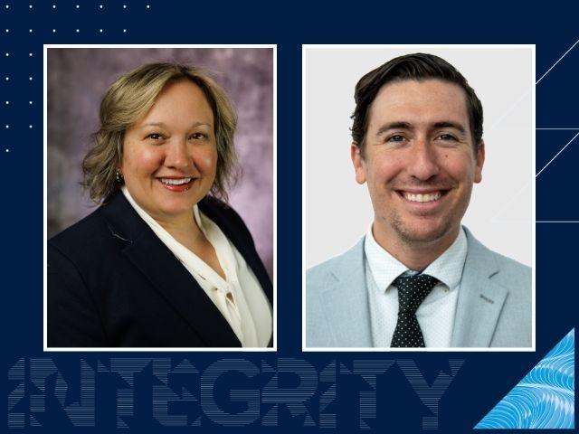 A graphic that reads INTEGRITY with photos of Schalyn Sohn and Joel Novick