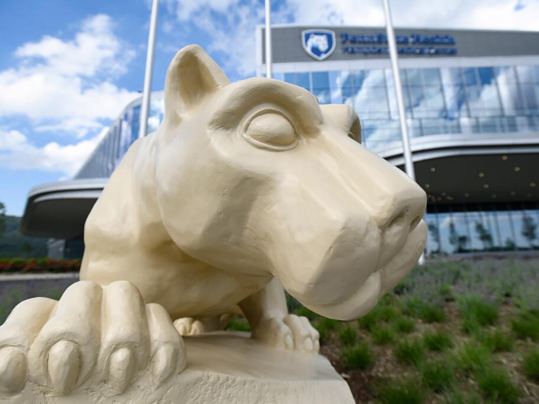 A close-up of a Nittany Lion statue with Hampden Medical Center in the background, slightly out of focus.