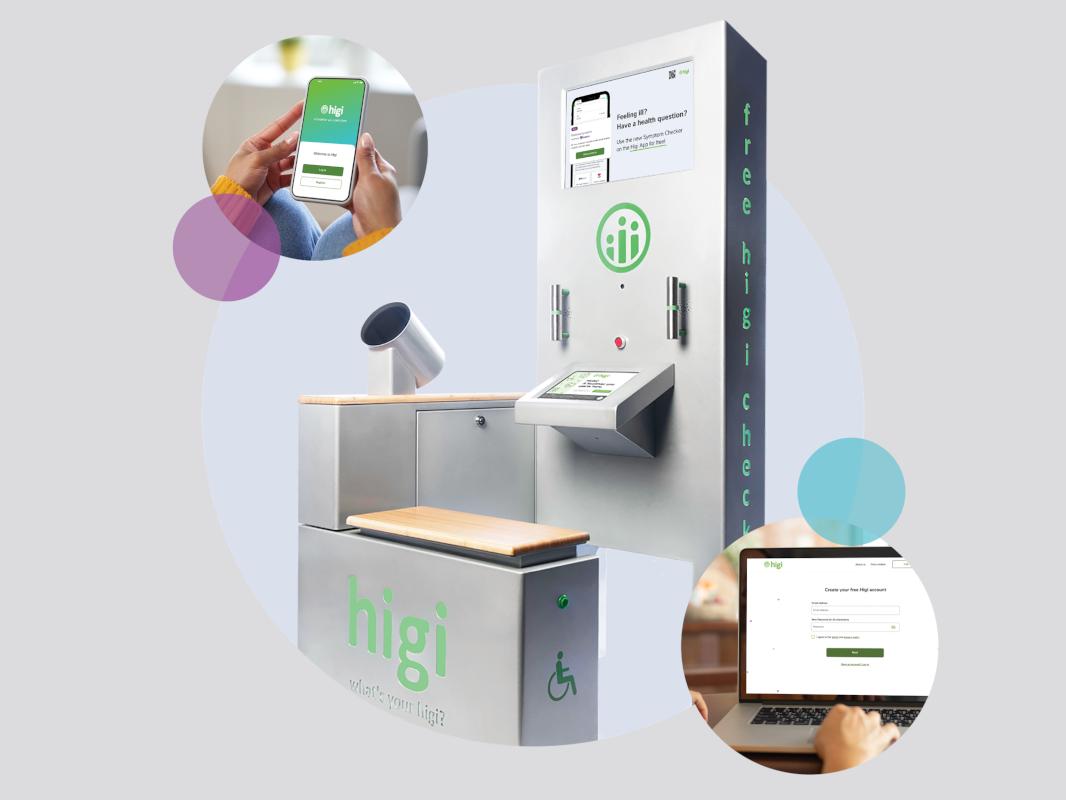 A collage of images depicting a Higi Smart Health Station, as well as people interacting with Higi via cell and laptop computer.