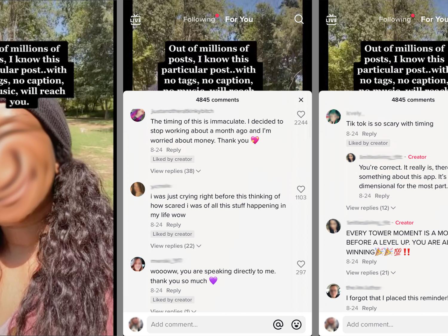 TikTok captions next to blurred face of user