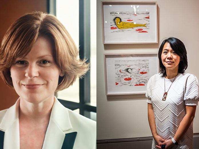 Side by side photo of women on the left a woman with red hair on the right a woman with dark hair