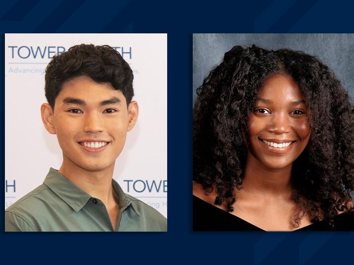Two portraits on a blue background