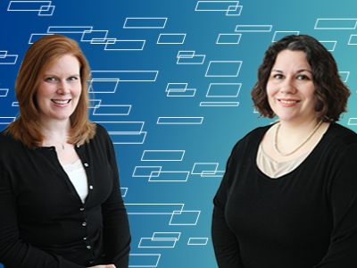 Two people smile at the camera; blue background with white rectangles 