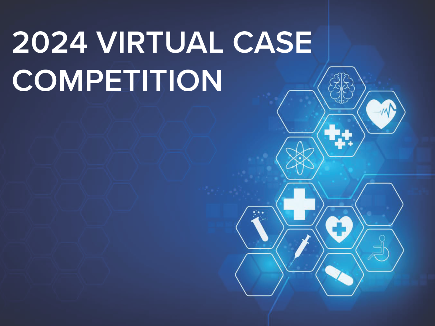 Healthcare icons on blue background. 2024 Virtual case competition