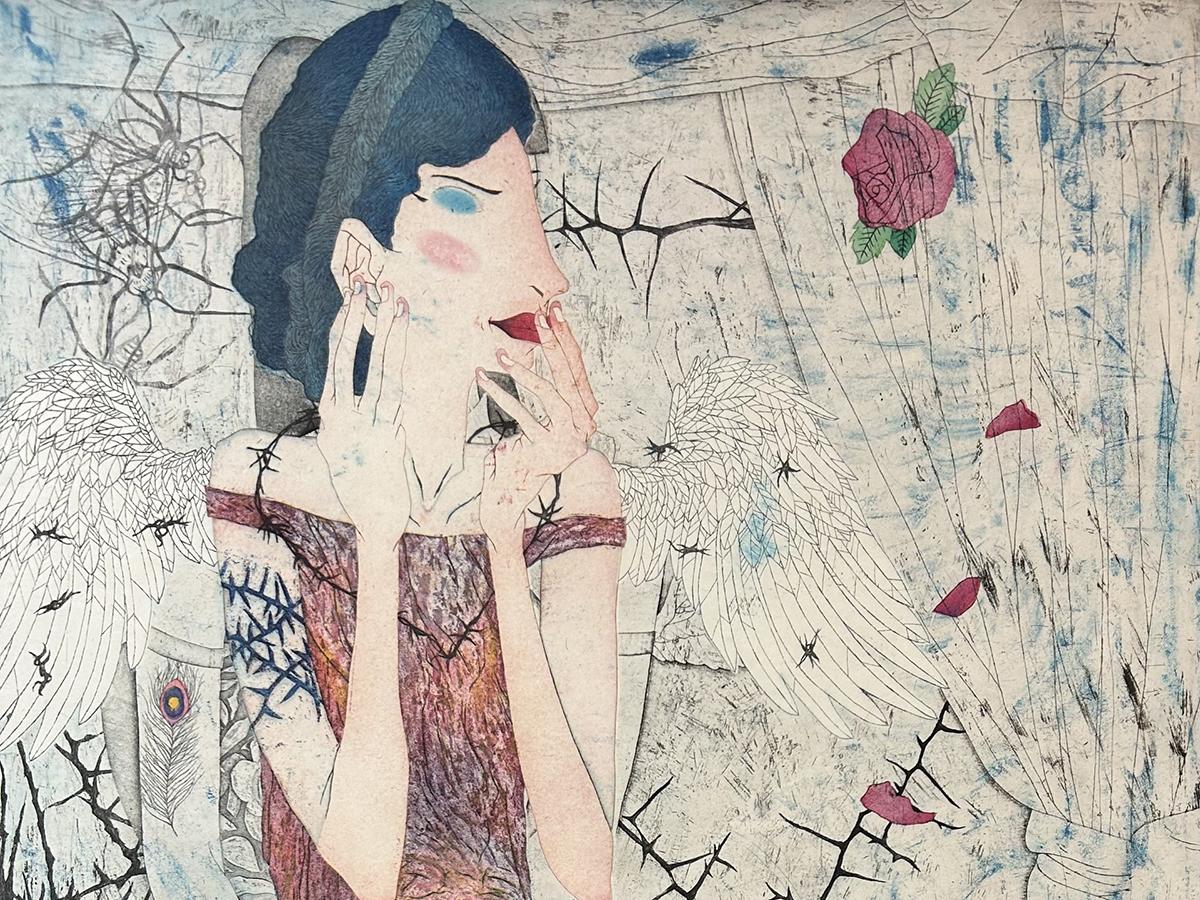 A piece of art depicting a woman kneeling on a tiled floor with branchs and flower petals floating around her