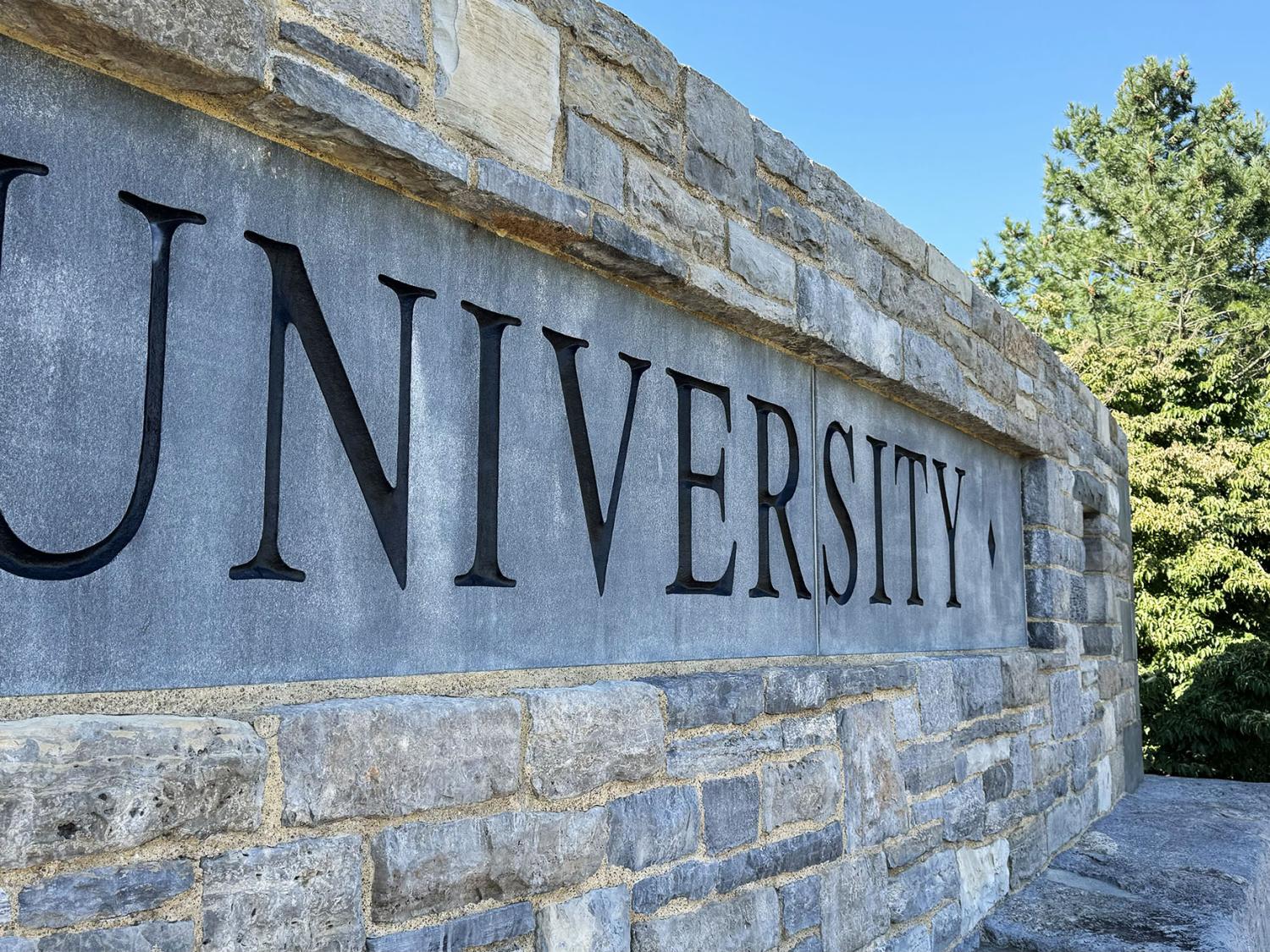the word 'university' is shown on a stone wall with some trees in the background