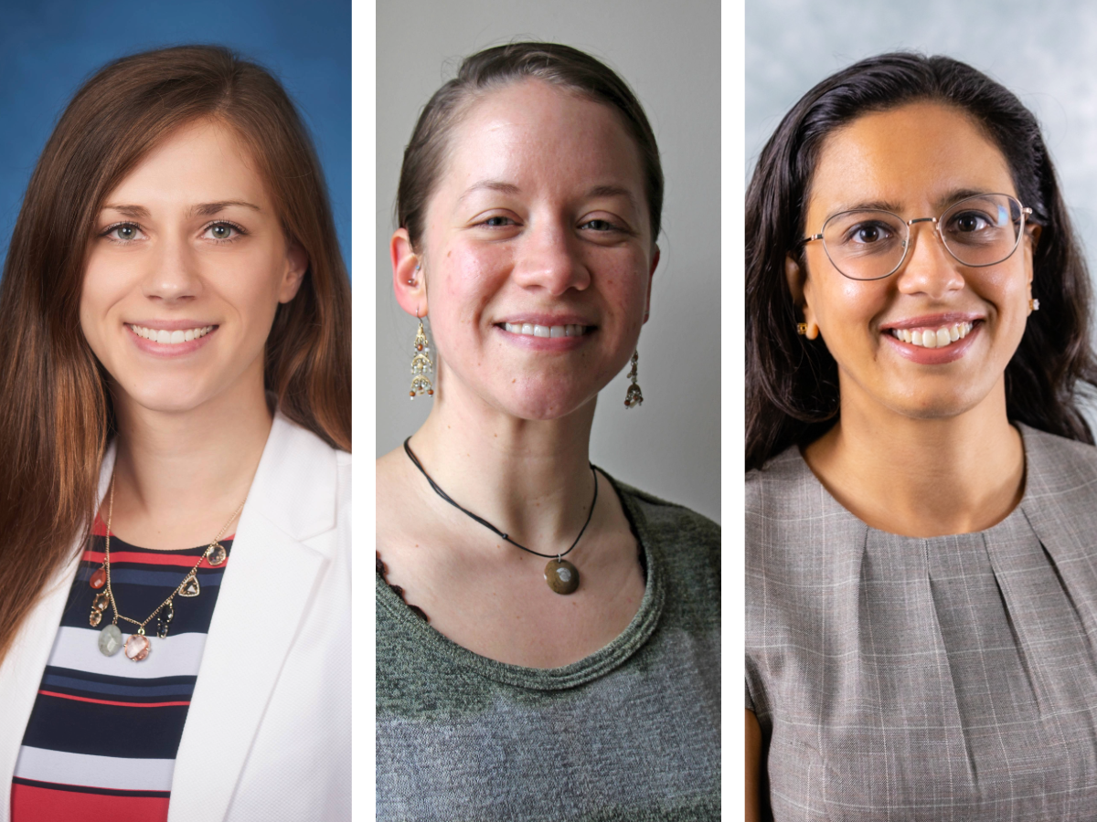 three vertical portraits of smiling women 