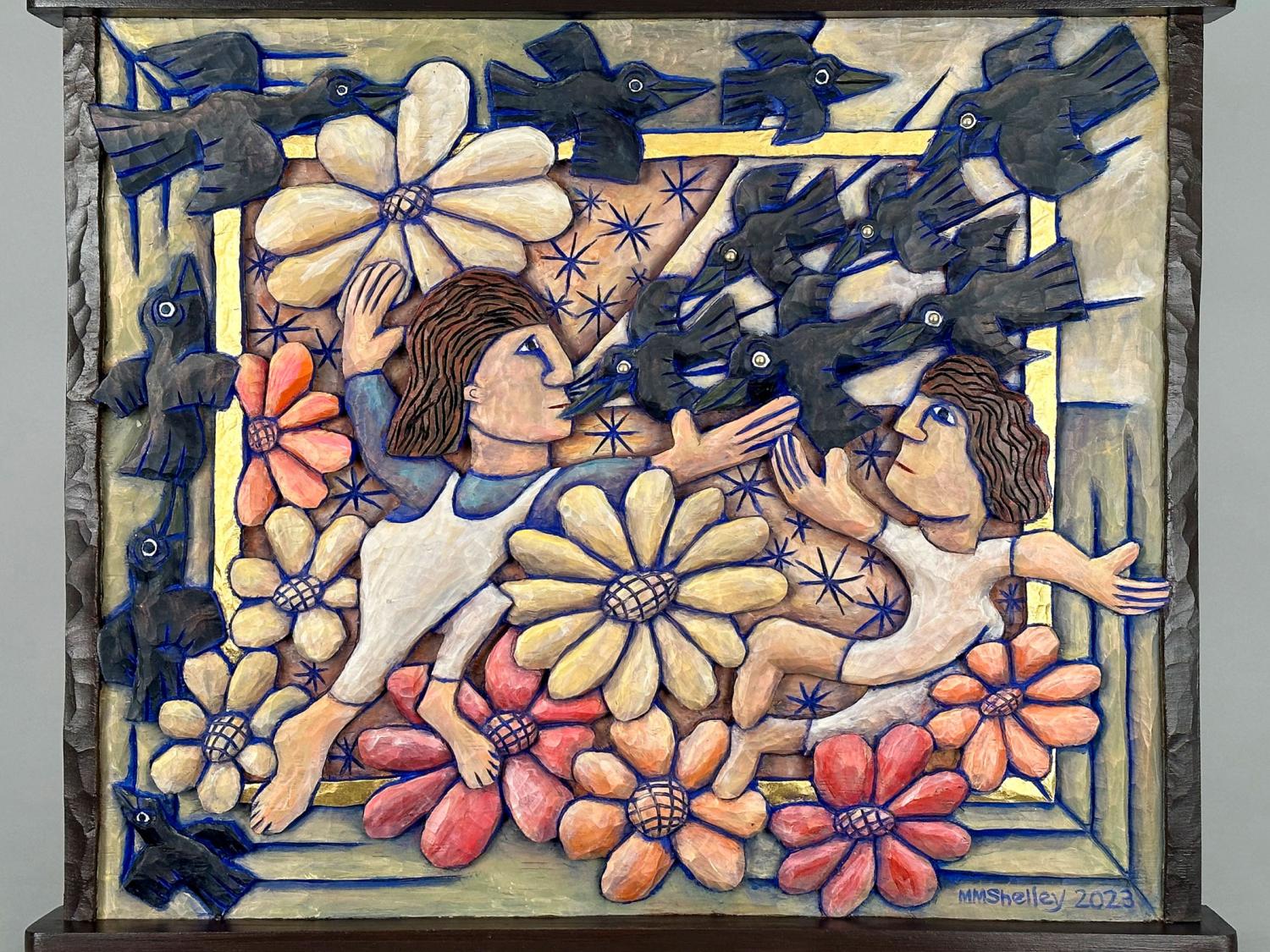 A beautiful work of framed art made from carved pine, acrylic paint, gold leaf, brass tacks by Mary Michael Shelley