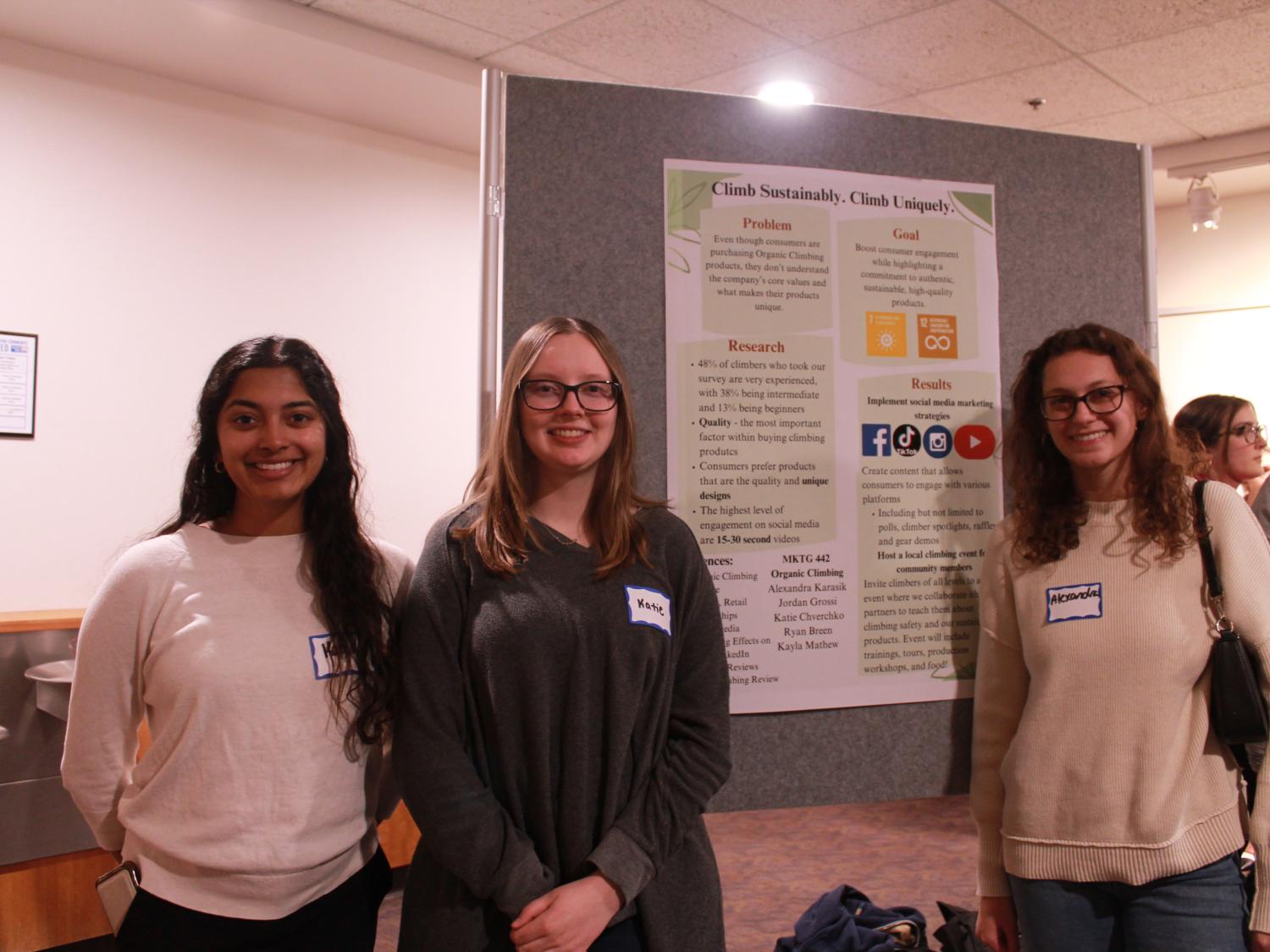 Kayla Mathew, Katie Chverchko, and Alexandra Karasik representing MKTG 442, partner: Organic Climbing