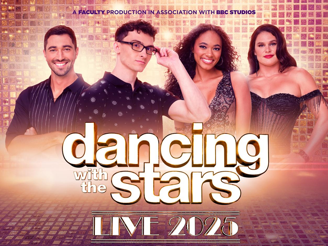 A graphic advertising "Dancing with the Stars Live 2025" with four dancers' pictures
