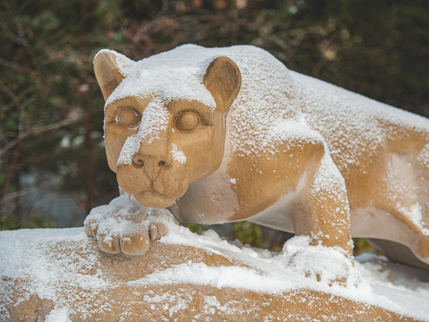 Nittany Lion Shrine covered in a dusting of snow