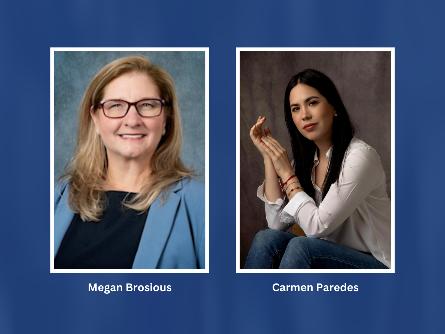 Professional headshots of two women on a blue background.