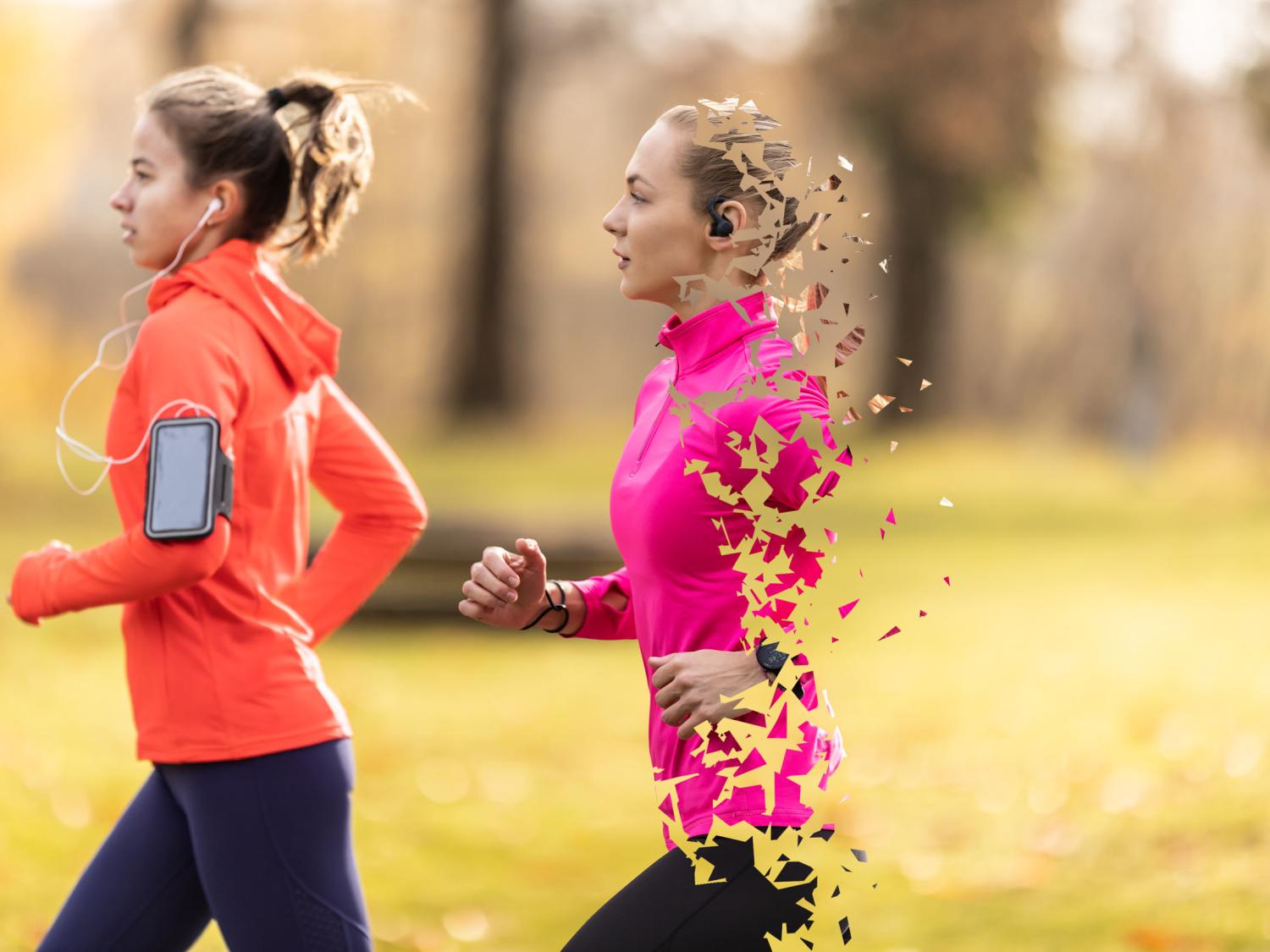 Two people running outdoors. One has stylized holes in their body to represent lack of energy sufficiency.