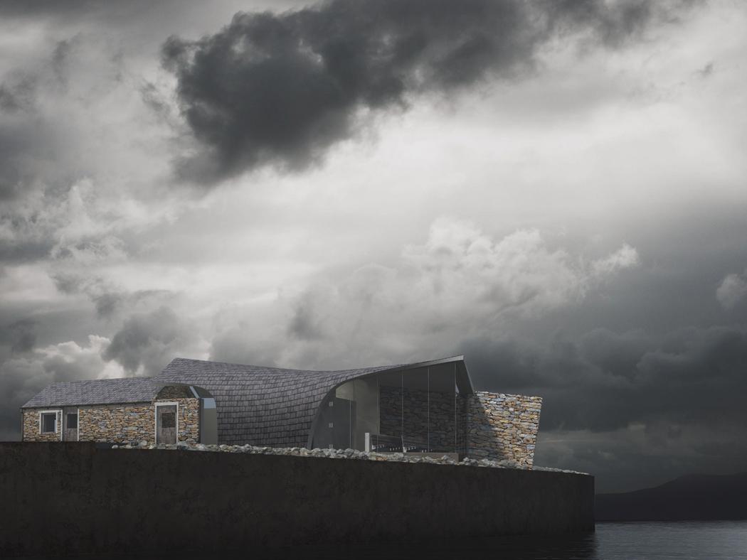 An architectural rendering of a building on a dark, gloomy island. 